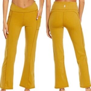 Chartreuse Yellow Straight Leg Cross Over Waistband Yoga Pants, Free People XS